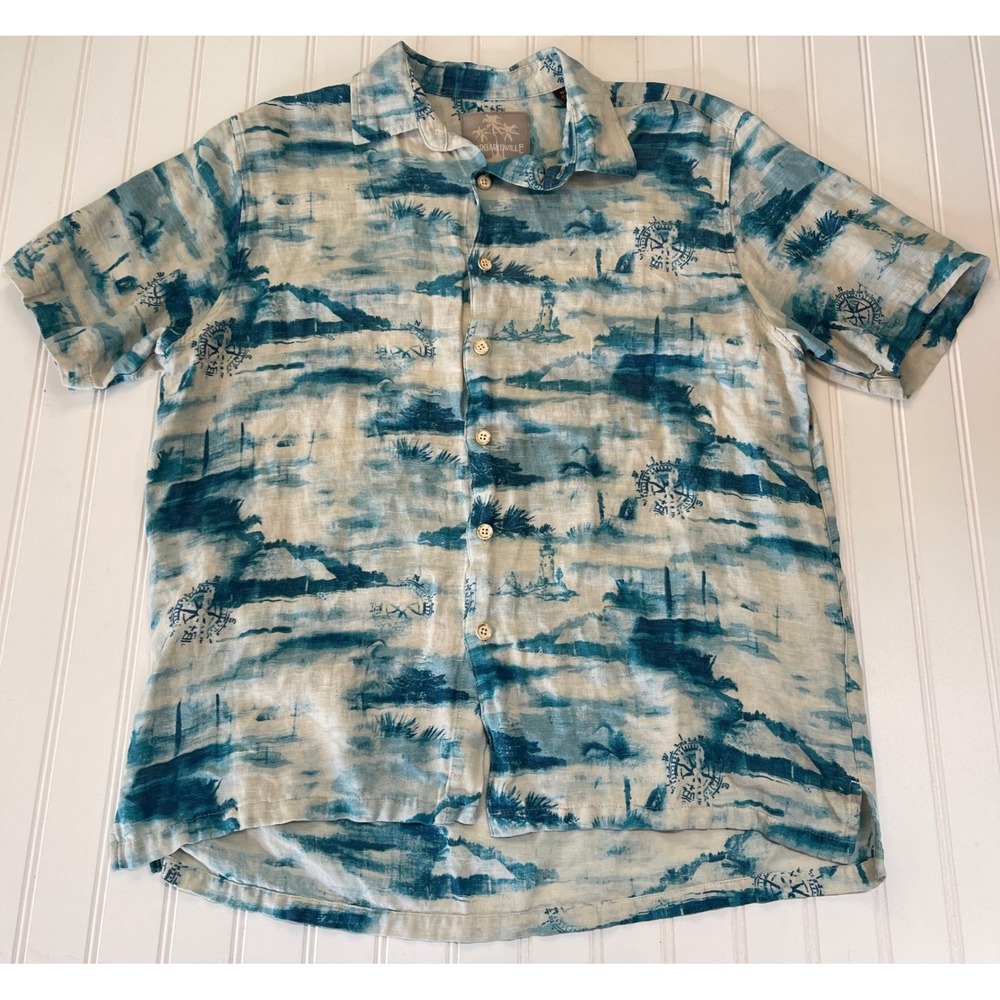 Margaritaville Mens Blue Silk Linen Tropical Island Compass Print Shirt Medium‎